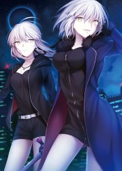 Rule 34 | 2girls, artoria pendragon (all), artoria pendragon (fate), belt, black dress, black ribbon, black shirt, breasts, building, cowboy shot, dress, fate/grand order, fate (series), fur collar, fur trim, hair ribbon, holding, holding sword, holding weapon, hood, hoodie, jacket, jeanne d&#039;arc (fate), jeanne d&#039;arc (ruler) (fate), jeanne d&#039;arc alter (fate), jeanne d&#039;arc alter (ver. shinjuku 1999) (fate), jewelry, large breasts, long hair, long sleeves, looking at viewer, low ponytail, medium breasts, multiple girls, necklace, night, night sky, official alternate costume, open clothes, open hoodie, open jacket, pale skin, parted lips, ribbon, saber (fate), saber alter, saber alter (ver. shinjuku 1999) (fate), shirt, short dress, short hair, short shorts, shorts, silver hair, sky, star (sky), starry sky, sword, weapon, wowishi, yellow eyes