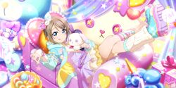 1girl :p absurdres blue_eyes brown_hair couch dress game_cg green_footwear green_jacket hair_ornament highres jacket love_live! love_live!_school_idol_festival_all_stars love_live!_sunshine!! lying official_art pink_dress socks tongue tongue_out watanabe_you white_socks