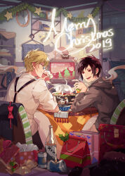 Rule 34 | 2boys, absurdres, bag, black hair, blonde hair, bottle, bowl, box, can, chinese commentary, chopsticks, christmas, cigarette, clenched teeth, clothes hanger, collared shirt, commentary request, drawstring, durarara!!, elbow rest, eromkk, from side, gift, gift bag, gift box, glasses, grey hoodie, hat, heiwajima shizuo, highres, holding, holding can, hood, hood down, hoodie, indoors, jewelry, kotatsu, looking at another, male focus, merry christmas, mistletoe, multiple boys, nabe, open mouth, orihara izaya, red eyes, ring, round eyewear, sake bottle, santa hat, shelf, shirt, short hair, signature, sitting, smile, smoking, star ornament, steam, suspenders, table, teeth, television, towel, unworn hat, unworn headwear, white shirt