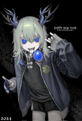 Rule 34 | 1girl, 2024, black background, black nails, blue eyes, fangs, giv 81, hair between eyes, happy new year, headphones, headphones around neck, highres, holding, horns, long sleeves, looking at viewer, nail polish, new year, open clothes, open mouth, original, solo, tongue, tongue out