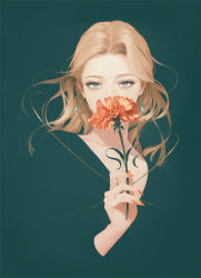 Rule 34 | 1girl, blending, blonde hair, carnation, covering own mouth, earrings, flower, green background, grey eyes, hand up, holding, holding flower, jewelry, leaf, long hair, looking at viewer, nail polish, orange flower, orange nails, original, simple background, solo, suda ayaka