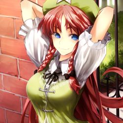 Rule 34 | 1girl, arms up, blue eyes, bow, braid, breasts, brick wall, chirigami-san, female focus, hair bow, hat, highres, hong meiling, large breasts, long hair, looking at viewer, red hair, smile, solo, touhou, twin braids