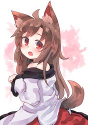 Rule 34 | 1girl, :o, ahoge, animal ear fluff, animal ears, bare shoulders, blush, brown hair, fang, highres, imaizumi kagerou, jacket, kibisake, long hair, long sleeves, looking at viewer, looking to the side, off shoulder, open mouth, red eyes, red skirt, skirt, solo, tail, tail raised, touhou, very long hair, white jacket, wolf ears, wolf girl, wolf tail