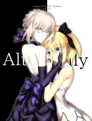 Rule 34 | 2girls, absurdres, artoria pendragon (all), artoria pendragon (fate), backless dress, backless outfit, black background, black bow, black neckwear, blonde hair, bow, closed mouth, copyright name, dress, elbow gloves, fate/grand order, fate/stay night, fate/unlimited codes, fate (series), foo (pixiv54892036), gloves, green eyes, hair between eyes, hair bow, hand on another&#039;s cheek, hand on another&#039;s face, highres, long hair, multiple girls, ponytail, purple bow, purple dress, purple gloves, saber alter, saber lily, short hair, shoulder blades, silver hair, sleeveless, sleeveless dress, solo, standing, two-tone background, white background, white dress, white gloves, yellow eyes
