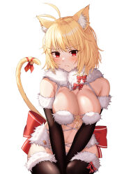 Rule 34 | 1girl, absurdres, animal ear fluff, animal ears, antenna hair, arcueid brunestud, bare shoulders, bell, between legs, bikini, black gloves, black thighhighs, blonde hair, blush, bow, breasts, breasts squeezed together, cat ears, cat tail, commentary request, cosplay, elbow gloves, embarrassed, fate/grand order, fate (series), fur-trimmed gloves, fur-trimmed thighhighs, fur bikini, fur collar, fur scarf, fur trim, gloves, hand between legs, highres, invisible chair, large bow, large breasts, looking at viewer, mash kyrielight, mash kyrielight (dangerous beast), mash kyrielight (dangerous beast) (cosplay), navel, purple bikini, red eyes, revealing clothes, ribbon, short hair, sitting, small breasts, solo, sorugi park, swimsuit, tail, tail bell, tail ornament, tail ribbon, thighhighs, tsukihime, v arms, waist bow, white bikini