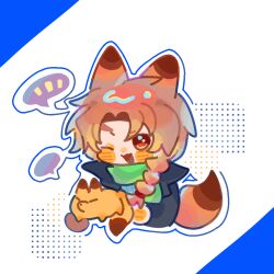 Rule 34 | 1boy, :3, animal ears, animalization, atou haruki, black jacket, blank speech bubble, blue sweater, blush stickers, braid, brown eyes, brown hair, chinese commentary, commentary request, fox, fox boy, fox ears, fox tail, green scarf, harada minoru, jacket, kemonomimi mode, long sleeves, male focus, notice lines, one eye closed, open clothes, open jacket, open mouth, parted bangs, ribbed sweater, saibou shinkyoku, scarf, side braid, single braid, speech bubble, spoken notice lines, sweater, tail, xianyushenqiuyue