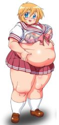 Rule 34 | 00s, 1girl, belly, belly grab, blonde hair, blue eyes, bra, breasts, fat, harumi-knd, huge breasts, jpeg artifacts, large breasts, lingerie, long image, lucky star, midriff, obese, patricia martin, school uniform, serafuku, solo, tall image, thick thighs, thighs, underwear