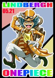 Rule 34 | 1boy, animal nose, ascot, blue background, blue hair, boots, cat boy, character name, coat, commentary request, copyright name, dated, full body, gloves, goggles, goggles on headwear, hand on headwear, hat, highres, jetpack, lindbergh (one piece), looking at viewer, male focus, multicolored background, one piece, open mouth, orange coat, pants, red background, smile, solo, sssssuama, top hat, white gloves, white pants, yellow background