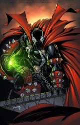 Rule 34 | 1boy, cape, chain, glowing, glowing eyes, green eyes, image comics, image sample, magic, male focus, mask, skull, solo, spawn, spawn (spawn), spikes, superhero costume
