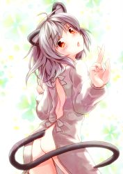 Rule 34 | 1girl, :o, animal ears, ass, blush, bottomless, bow, female focus, grey hair, highres, irusu, looking back, looking down, mouse ears, nazrin, no panties, solo, tail, touhou, white background