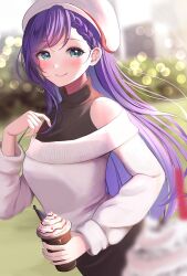 Rule 34 | 1girl, absurdres, blush, braid, closed mouth, coffee, glass, green eyes, hat, highres, long hair, long sleeves, materu (2532), off shoulder, original, purple hair, smile, solo, sweater, white hat, white sweater