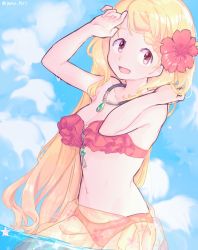 Rule 34 | 1girl, :d, alternate hairstyle, bikini, blonde hair, blue sky, breasts, cleavage, clothes around waist, cloud, cloudy sky, collarbone, contrapposto, cowboy shot, day, dot nose, dutch angle, facing viewer, floral print, flower, frilled bikini, frills, hair down, hair flower, hair ornament, hand in own hair, hand on own face, hands up, happy, hibiscus, long hair, looking to the side, magia record: mahou shoujo madoka magica gaiden, mahou shoujo madoka magica, medium breasts, navel, open mouth, orange bikini, outdoors, partially submerged, partially underwater shot, paru rari, red eyes, red flower, see-through, sky, smile, solo, star (symbol), starry background, stomach, strapless, strapless bikini, swimsuit, thighs, togame momoko, togame momoko (swimsuit costume), twitter username, underwater, water, water drop, wet