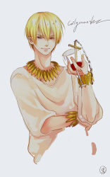 Rule 34 | 1boy, blonde hair, bracelet, character name, cross, cross necklace, cupping glass, fate/zero, fate (series), gilgamesh (fate), isee77630, jewelry, male focus, necklace, official alternate costume, red eyes, solo