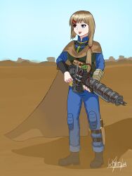 Rule 34 | 1girl, blue eyes, boots, brown hair, cape, desert, fallout (series), fallout 2, gun, highres, knife, knife sheath, rifle, shpagin41, tongue, tongue out, vault suit, weapon