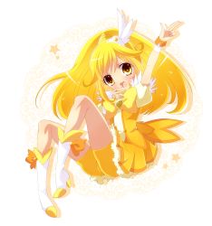 Rule 34 | 10s, 1girl, arm up, bad id, bad pixiv id, bike shorts, bike shorts under skirt, blonde hair, boots, bow, cure peace, dress, eyelashes, full body, hair flaps, highres, kise yayoi, long hair, magical girl, nono (noxno), precure, ribbon, shorts, shorts under skirt, skirt, smile precure!, solo, white background, wide ponytail, wrist cuffs, yellow bow, yellow dress, yellow shorts, yellow skirt, yellow theme