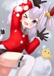 Rule 34 | &gt; o, 1girl, ;d, ame., animal, arm up, azur lane, bird, black gloves, black panties, blush, cable, chick, commentary request, electric plug, electricity, fang, fur-trimmed sleeves, fur trim, gloves, hair ornament, hand up, headgear, highres, jacket, long hair, long sleeves, looking at viewer, one eye closed, open mouth, panties, purple eyes, red jacket, ribbon-trimmed legwear, ribbon trim, silver hair, smile, snow, solo, tail, thighhighs, two side up, underwear, universal bulin (azur lane), white thighhighs