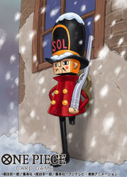 Rule 34 | 1boy, amputee, closed mouth, coat, commentary request, copyright name, full body, gun, hat, holding, holding gun, holding weapon, kyros, looking ahead, male focus, moopic, official art, one piece, one piece card game, red coat, snow, snowing, solo, thunder soldier, toy soldier, weapon