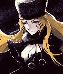 Rule 34 | 1girl, artist name, black coat, black eyes, black headwear, blonde hair, breasts, cleavage, closed mouth, coat, commentary, eyelashes, fur coat, ginga tetsudou 999, highres, large breasts, long hair, looking at viewer, maetel, miss faves, smile, solo, space, twitter username, upper body