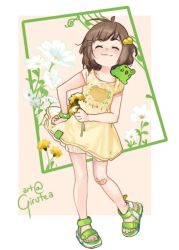 Rule 34 | 1girl, arm support, bandaid, bandaid on knee, bandaid on leg, brown hair, child, closed eyes, closed mouth, contrapposto, dress, flower, freckles, frog, full body, girutea, hair bobbles, hair ornament, hairclip, highres, holding, holding flower, indie virtual youtuber, lily hopkins, musical note, no legwear, sandals, short dress, short hair, signature, smile, solo, thistle, treble clef, virtual youtuber, yellow dress