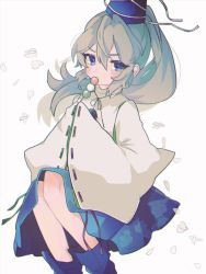 Rule 34 | 1girl, blue eyes, blue footwear, blue hat, blue skirt, blush, boots, chromatic aberration, closed mouth, commentary request, dango, eating, falling petals, feet out of frame, floating, floral print, food, grey hair, hair between eyes, hat, highres, holding, holding food, japanese clothes, kariginu, knees together feet apart, knees up, long hair, mononobe no futo, necono (nyu6poko), petals, pom pom (clothes), ponytail, ribbon, ribbon-trimmed sleeves, ribbon trim, simple background, skirt, sleeves past fingers, sleeves past wrists, solo, tate eboshi, touhou, v-shaped eyebrows, wagashi, white background, white ribbon, wide sleeves