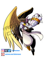 Rule 34 | anubimon, black hair, digimon, digimon (creature), highres, long hair, simple background, solo, white background, wings