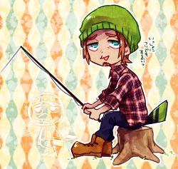 Rule 34 | 1boy, animal crossing, bad id, bad pixiv id, beard, boots, brown hair, facial hair, feathers, fishing rod, green eyes, hat, jacques (animal crossing), male focus, nintendo, open mouth, personification, sb0sg, sitting, solo