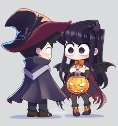 Rule 34 | 1boy, 1girl, absurdres, artist name, black hair, black wings, boots, breasts, brown footwear, cape, chibi, cleavage, closed mouth, commentary, dress, face-to-face, full body, halloween, hat, highres, holding, horns, j humbo, jack-o&#039;-lantern, komi-san wa komyushou desu, komi shouko, loafers, long hair, long sleeves, looking at another, medium breasts, no mouth, no nose, pants, profile, purple eyes, purple hair, shoes, signature, standing, swept bangs, symbol-only commentary, tadano hitohito, torn cape, torn clothes, very long hair, wings