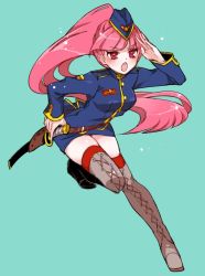 Rule 34 | 1girl, belt, blue background, blue hat, blue jacket, blue skirt, blush, boots, copyright request, cross-laced footwear, full body, garrison cap, grey thighhighs, hand up, hat, holster, jacket, katana, lace-up boots, long hair, long sleeves, looking at viewer, mamaloni, military, military uniform, open mouth, pencil skirt, pink eyes, pink hair, ponytail, round teeth, salute, simple background, skindentation, skirt, solo, sword, teeth, thighhighs, uniform, very long hair, weapon
