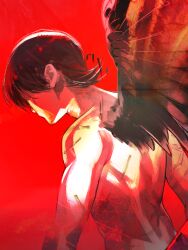 Rule 34 | 1boy, ammenite, back turned, black hair, black wings, choujin x, english text, feathered wings, kurohara tokio (choujin x), male focus, muscular, red background, scar, scar on back, simple background, solo, solo focus, topless, topless male, wings