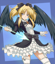 Rule 34 | 1girl, ahoge, artist request, black bow, black ribbon, black wings, blonde hair, blue background, blue eyes, bow, garter straps, gothic lolita, high school dxd, lolita fashion, mittelt, ribbon, smile, solo, thighhighs, twintails, white thighhighs, wings