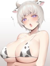 Rule 34 | 1girl, :o, animal ears, animal print, arm under breasts, bikini, blush, breasts, cow ears, cow girl, cow horns, cow print, fang, gradient background, grey hair, highres, horns, large breasts, open mouth, original, purple eyes, short eyebrows, short hair, simple background, skin fang, solo, swimsuit, upper body, usa b