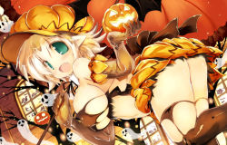 Rule 34 | 1girl, :3, aqua eyes, bare shoulders, bare tree, bat wings, black bow, black gloves, black ribbon, black thighhighs, blush, bow, breasts, detached collar, detached sleeves, dutch angle, elbow gloves, fang, female focus, food, fruit, ghost, gloves, halloween, holding, holding food, holding fruit, jack-o&#039;-lantern, large breasts, looking at viewer, midriff, neck ribbon, one eye closed, open mouth, orange skirt, original, outdoors, over-kneehighs, pointy ears, puffy short sleeves, puffy sleeves, pumpkin, pumpkin hat, ribbon, sakaki (noi-gren), short hair, short sleeves, skirt, solo, thighhighs, tongue, tree, white hair, window, wings