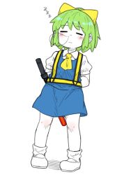 1girl arms_behind_back blue_skirt blue_vest blush bow bseibutsu closed_eyes closed_mouth collared_shirt colored_skin commentary_request cookie_(touhou) daiyousei diyusi_(cookie) expressionless full_body green_hair hair_bow high-visibility_clothing high-visibility_vest high_ponytail mary_janes nose_bubble shirt shoes short_hair simple_background skirt skirt_set sleeping sleeping_upright socks solo standing touhou traffic_baton vest white_background white_footwear white_shirt white_skin white_socks yellow_bow zzz