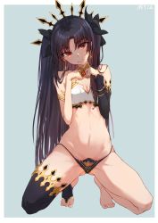Rule 34 | 1girl, armlet, bare legs, bare shoulders, barefoot, bikini, bikini top only, black bow, black hair, black sleeves, black thighhighs, blue background, blush, bow, breasts, bridal legwear, bsmycc, cleavage, closed mouth, collar, detached sleeves, earrings, fate/grand order, fate (series), full body, hair between eyes, hands on own chest, highres, hoop earrings, ishtar (fate), jewelry, kneeling, long hair, long sleeves, looking at viewer, medium breasts, mismatched bikini, navel, parted bangs, red eyes, simple background, single detached sleeve, single thighhigh, smile, solo, stomach, swimsuit, thighhighs, toeless legwear, two side up, very long hair, white bikini