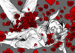 Rule 34 | 1boy, bad id, bad pixiv id, closed eyes, fate/zero, fate (series), flower, grey background, jacket, male focus, partially colored, red flower, red rose, rose, solo, spot color, uryuu ryuunosuke, xrjingx