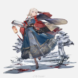 1girl belt black_coat black_footwear blue_dress blue_eyes blue_hanfu brown_belt chinese_clothes chinese_commentary coat commentary_request dlgeria dragon_print dress flats foot_up full_body girls&#039;_frontline grass hair_ornament hand_on_own_head hanfu highres holding holding_scroll lantern long_dress looking_at_viewer official_alternate_costume official_art paper_lantern pine_tree pp-19_(girls&#039;_frontline) scroll short_hair snow solo standing standing_on_one_leg stone_bridge tassel tassel_hair_ornament tree waist_bag weibo_logo weibo_watermark white_background white_hair