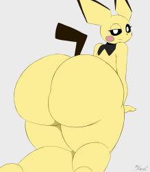Rule 34 | absurdres, ambiguous gender, androgynous, animal, animal ears, ass, bent over, black eyes, colored sclera, colored skin, colorized, completely nude, creatures (company), curvy, facial mark, furry, game freak, gen 2 pokemon, gender request, half-closed eye, highres, huge ass, leaning forward, legs, legs together, looking back, miso souperstar, multicolored fur, multicolored skin, naughty face, nintendo, nude, pichu, pokemon, pokemon (creature), seductive smile, simple background, smile, tail, thick thighs, thighs, two-tone fur, two-tone skin, video game, white background, wide hips, yellow fur, yellow skin