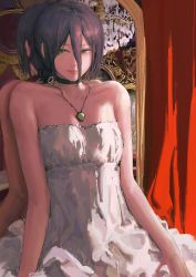 Rule 34 | 1girl, 900p, absurdres, alternate costume, bad id, bad pixiv id, bare shoulders, black choker, black hair, breasts, chainsaw man, choker, closed mouth, dress, green eyes, grenade pin, hair between eyes, highres, jewelry, looking at viewer, medium hair, mirror, necklace, reze (chainsaw man), sleeveless, small breasts, smile, solo
