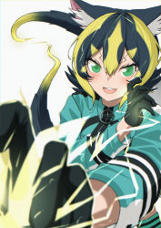 Rule 34 | 1girl, absurdres, animal ear fluff, animal ears, arfox10, arm up, black gloves, black hair, blonde hair, blurry, blurry foreground, commentary request, electricity, eyebrows, eyelashes, fighting stance, foreshortening, gloves, green eyes, hair between eyes, hand up, highres, jacket, kemono friends, looking at viewer, medium hair, multicolored hair, multiple tails, open mouth, outstretched arm, raijuu (kemono friends), smile, solo, tail, torn clothes, torn gloves, tsurime, two-tone hair, two tails, upper body, v-shaped eyebrows, zipper, zipper pull tab