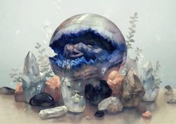 Rule 34 | 1girl, artist name, blue dress, bubble, closed mouth, commentary request, crystal, dress, original, pebble, plant, sleeping, solo, stone, underwater, yoshioka (haco)