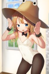 1girl absurdres black_pantyhose blonde_hair blue_eyes brown_hat covered_navel detached_collar hands_up hat highres leotard looking_at_viewer mamemochi moriya_suwako pantyhose playboy_bunny short_hair solo touhou