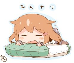 Rule 34 | 10s, 1girl, blush stickers, brown hair, chibi, closed eyes, commentary request, fang, hair ornament, hairclip, hanomido, ice pack, ikazuchi (kancolle), kantai collection, lying, mini person, minigirl, on stomach, open clothes, outstretched arms, school uniform, serafuku, short hair, skirt, solo, towel, translation request, white background