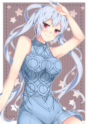 Rule 34 | 1girl, blue sweater, breasts, brown background, closed mouth, dress, floating hair, large breasts, long hair, matoi (pso2), milkpanda, phantasy star, phantasy star online 2, red eyes, ribbed sweater, silver hair, smile, solo, star (symbol), sweater, sweater dress, twintails, very long hair, vest, wing collar