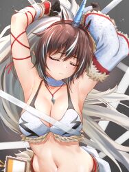 Rule 34 | 1girl, absurdres, arknights, armpits, arms up, bare shoulders, belt, black gloves, breasts, brown hair, choker, cleavage, closed eyes, commentary request, cowboy shot, detached sleeves, fur trim, gloves, grey background, highres, horns, jewelry, kirin r yato (arknights), large breasts, monster hunter (series), navel, pendant, pointy ears, solo, stomach, white choker, yato (arknights), yukinoshiro
