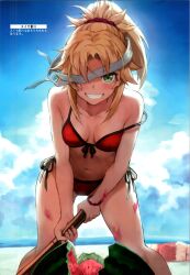 Rule 34 | 2girls, absurdres, bare shoulders, bavel, bikini, blindfold, blindfold slip, blonde hair, blue sky, breasts, cloud, cloudy sky, collarbone, day, fate/apocrypha, fate/grand order, fate (series), food, fruit, green eyes, highres, holding, holding weapon, long hair, looking at viewer, mordred (fate), mordred (fate/apocrypha), multiple girls, ocean, off shoulder, parted lips, ponytail, red bikini, scan, side-tie bikini bottom, simple background, sky, small breasts, stomach, swimsuit, teeth, tonee, water, watermelon, weapon