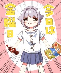 Rule 34 | 1girl, :3, bag, bag of chips, blue skirt, blush stickers, bottle, brown eyes, closed mouth, coca-cola, commentary request, emphasis lines, friday, grey hair, hair flaps, hair intakes, highres, holding, holding bag, holding bottle, idolmaster, idolmaster cinderella girls, idolmaster cinderella girls starlight stage, koshimizu sachiko, looking at viewer, pink background, pleated skirt, skirt, smile, soda bottle, solo, standing, translation request, two-tone background, v-shaped eyebrows, white background, yukie (kusaka shi)
