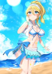 Rule 34 | 1girl, absurdres, aqua scrunchie, artist request, ayase eli, bangle, bare legs, bare shoulders, bikini, bikini skirt, bikini top only, blonde hair, blue bow, blue eyes, blue sky, blush, bow, bracelet, breasts, cleavage, cloud, collarbone, day, earrings, female focus, hair between eyes, hair bobbles, hair ornament, hairband, highres, hood, hood down, jewelry, leg tattoo, long hair, looking at viewer, love live!, love live! school idol project, medium breasts, natsuiro egao de 1 2 jump!, necklace, outdoors, parted lips, pearl necklace, ponytail, scrunchie, sidelocks, sky, smile, solo, star (symbol), star earrings, star tattoo, swept bangs, swim vest, swimsuit, tattoo, umi-chan (umi-chan koubou), vest, white bikini, white vest, wrist scrunchie