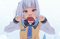 Rule 34 | 1girl, blue eyes, blue hair, blue nails, blue necktie, blunt bangs, blush, commentary, crime prevention buzzer, english commentary, fang, gawr gura, gawr gura (school uniform), grey hair, hands up, highres, holding, hololive, hololive english, long hair, long sleeves, looking at viewer, multicolored hair, necktie, official alternate costume, open mouth, school uniform, shirt, shukusei!! loli-gami requiem, sidelocks, smile, solo, streaked hair, tenroy, upper body, vest, virtual youtuber, white shirt, yellow vest