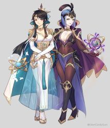 Rule 34 | 2girls, alternate costume, arete (fire emblem), black hair, blue hair, breasts, bridal gauntlets, brown eyes, cleavage, commentary, commission, english commentary, fire emblem, fire emblem fates, full body, highres, large breasts, mature female, mikoto (fire emblem), multiple girls, nintendo, sandals, siblings, silvercandy gum, sisters, smile, toeless footwear, yellow eyes