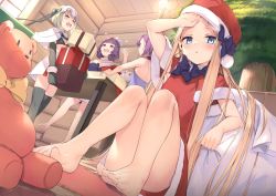 Rule 34 | &gt; &lt;, 4girls, abigail williams (fate), absurdres, bare legs, barefoot, black bra, black gloves, blonde hair, blush, bra, cabin, capelet, child, christmas tree, commentary request, convenient leg, dress, elbow gloves, fate/grand order, fate (series), flat chest, flying sweatdrops, forehead, fur-trimmed capelet, fur-trimmed dress, fur-trimmed gloves, fur trim, gloves, hat, helena blavatsky (fate), highres, indoors, jeanne d&#039;arc (fate), jeanne d&#039;arc alter santa lily (fate), katsushika hokusai (fate), looking at another, looking at viewer, multiple girls, purple hair, red dress, sack, sakimiya mafu, santa dress, santa hat, silver hair, sitting, standing, stuffed animal, stuffed toy, sweatdrop, teddy bear, toes, underwear, wiping forehead, wiping sweat, wooden floor, wooden wall